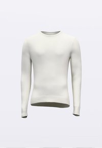 Maglione bianco a maniche lunghe con scollo rotondo, polsini e orlo a coste. Texture liscia con una vestibilità aderente, minimalista e senza decorazioni.