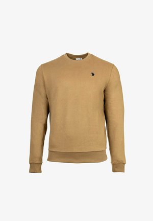 Khakifarbenes Sweatshirt aus Baumwollmischung mit Rundhalsausschnitt, gerippten Bündchen und Saum sowie einem kleinen blauen Logo auf der Brust.