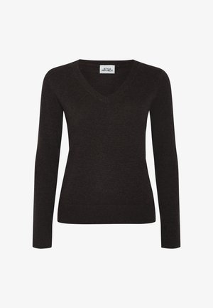 Maglione nero a V con maniche lunghe, realizzato in morbido tessuto a maglia, con un design aderente e orlo e polsini a coste.