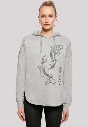 Gray, oversized hoodie with a drawstring, featuring black koi fish illustrations and Japanese text on the front. Soft texture, casual fit.