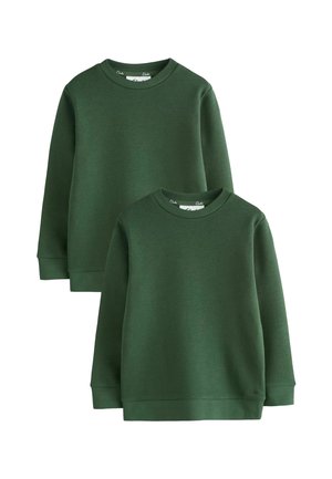 Two plain dark green crewneck sweatshirts in different sizes with long sleeves, ribbed cuffs, and hem, displayed on a white background.