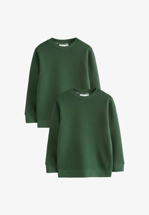 Twee effen donkergroene crewneck sweatshirts in verschillende maten met lange mouwen, geribbelde manchetten en onderzoom, weergegeven op een witte achtergrond.