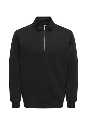 Pulover negru cu mâneci lungi, guler înalt și un fermoar argintiu frontal pe jumătate, manșete și tiv striați.