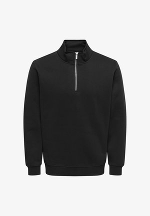 Must pikkade varrukatega pullover, millel on kõrge krae ja ees poolhõbedane lukk, soonikkoes mansetid ja soonikkoes alumine äär.