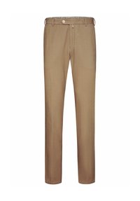 Beige corduroy broek met verticale strepen, rechte pijpen en een knoopsluiting, met een patroon aan de binnenkant van de tailleband.