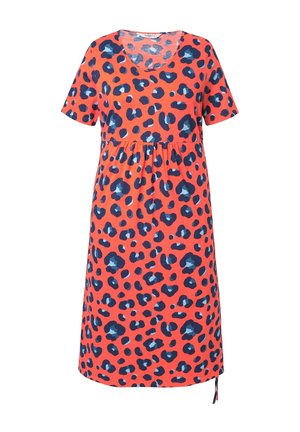 Vestido de manga corta en coral con un estampado de leopardo azul, que presenta una cintura fruncida y un cordón lateral en el dobladillo para un ajuste ajustable.