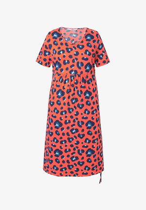 Kortærmet kjole i koral med et blåt leopardprint, der har en samlet talje og snore i siden ved kanten for justerbar pasform.