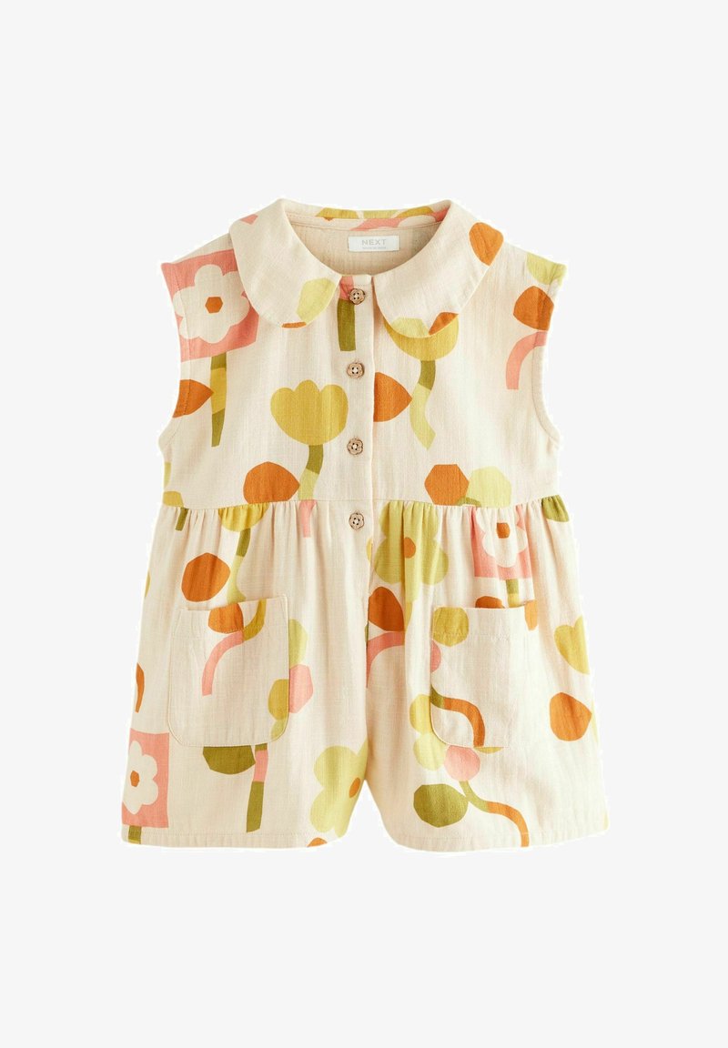 Short-sleeve romper in soft cotton with a pastel pink and cream color scheme. Features floral and abstract patterns, buttons, and pockets.