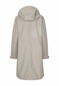 Lichtbeige, waterdichte jas met een capuchon, lange mouwen, een getailleerde taille en drukknopen. Glad van textuur met een eenvoudig ontwerp.