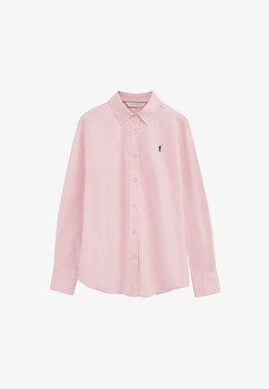 Camicia rosa chiaro a maniche lunghe con bottoni, colletto e un piccolo logo di un giocatore di polo nero sul petto sinistro.