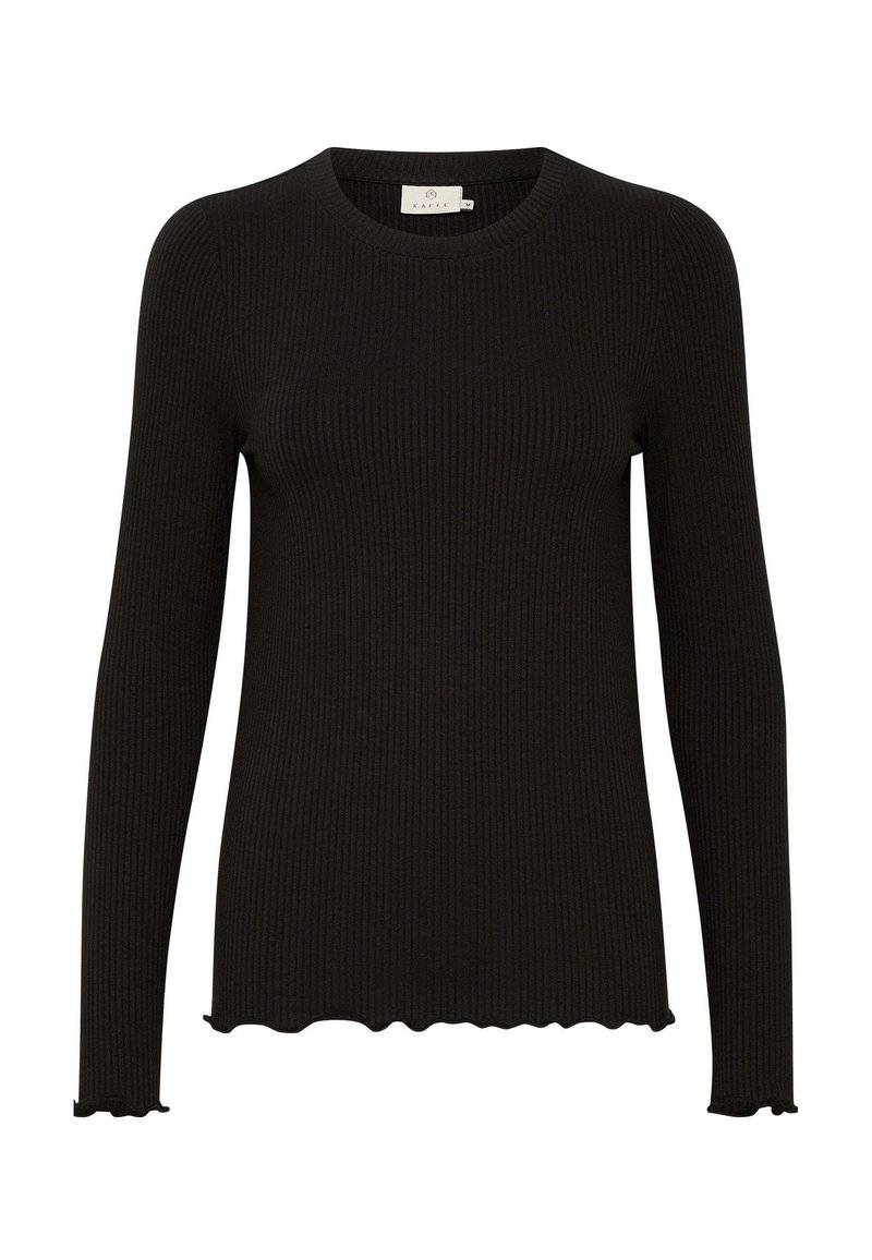 Maglione nero a coste con maniche lunghe, scollo rotondo e orlo leggermente arricciato sulle maniche e sul bordo inferiore.