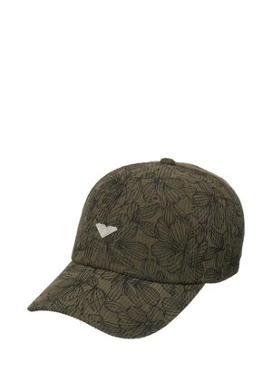 Olivgrüne Baseballkappe mit schwarzem Blumenmuster und kleinem silbernem herzförmigem Logo vorne links.