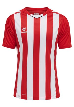 Röd och vit randig kortärmad sporttröja med V-hals, tillverkad av lättvikts- och fukttransporterande material. Har en logotyp på bröstet.