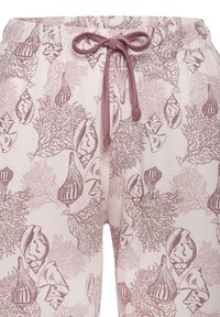 Helle rosa Hose mit einem Muster aus Muscheln und Korallen, ausgestattet mit einem gerafften Taillenbund und einer Kordel in sanftem Mauve.