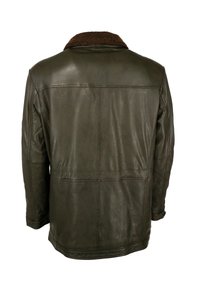 Braune und olivfarbene Lederjacke mit Kragen. Sie weist eine glatte Textur, Nahtdetails und ein gerades Schnittdesign auf. Die Rückansicht wird gezeigt.