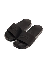 Black slide sandals made of rubber with a textured footbed. They feature a wide strap embossed with "KUBOTA" across the top.
