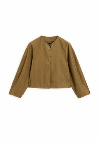 Bruine cropped blouse met lange mouwen, voorzien van een ronde halslijn, knoopsluiting aan de voorkant en verticale krijtstrepen in de stof.