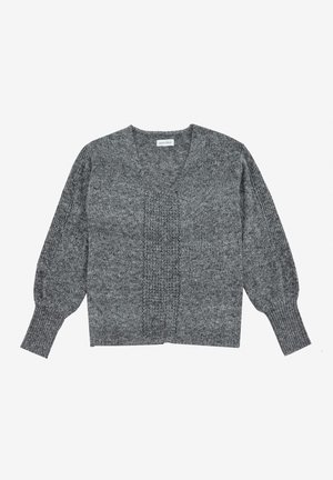 Grijze gebreide cardigan met een V-hals, een gemêleerd middelste paneel en opbollende lange mouwen. Gemaakt van zacht materiaal voor comfort.