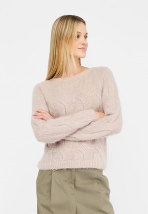 Maglione lavorato a maglia rosa chiaro con un motivo a onde testurizzato e polsini a coste. Le maniche lunghe e il collo ampio si abbinano alla vestibilità rilassata.