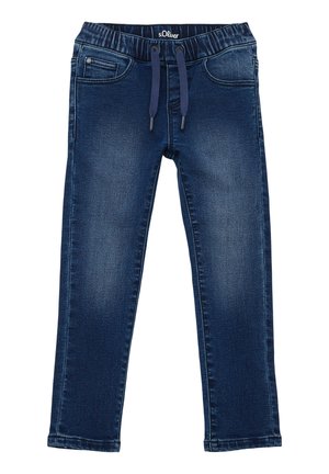 Granatowe dżinsy z denimu z elastycznym pasem, sznurkiem do wiązania oraz standardowym układem kieszeni, o lekko wyblakłej teksturze.