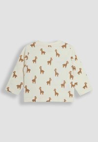 Crème lange mouwen shirt met een herhalend bruine giraffeprint. Zachte stof met een ronde halslijn en een rechte zoom.
