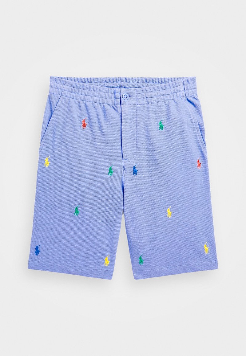 Pantalones cortos color púrpura claro con una cintura elástica que presenta logotipos de polo bordados multicolores. Material de algodón con bolsillos laterales.