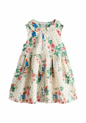 Ärmelloses weißes Kleinkindkleid mit pinkem Blumenmuster und blauem Bärendruck, Knopfleiste vorne und rundem Kragen.