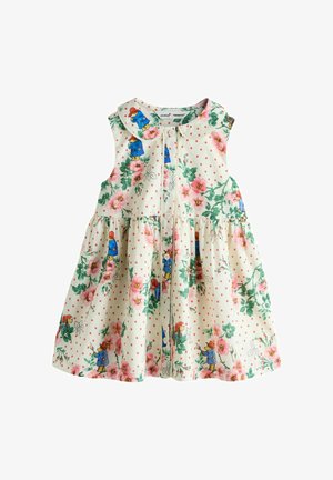 Varrukateta valge väikelapse kleit roosade lillemotiivide ja sinise karu trükiga, esikinnitage nööbiga ning ümar krae.