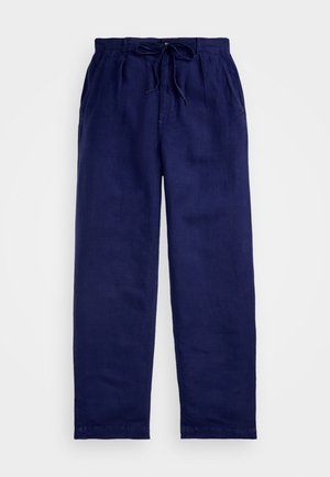 Pantalones de lino azul marino con cintura ajustable, que presentan un corte relajado, piernas rectas y bolsillos laterales. Textura suave.