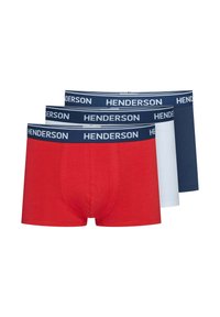 Męskie bokserki w kolorach czerwonym, białym i granatowym, wykonane z miękkiej tkaniny, z elastycznymi pasami w talii ozdobionymi logo "HENDERSON" oraz dopasowanym krojem.