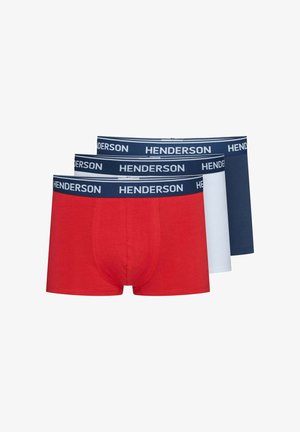 Three pairs of boxer shorts: one red, one white, and one navy blue. Each features a navy waistband with "HENDERSON" logo. Cotton material.
