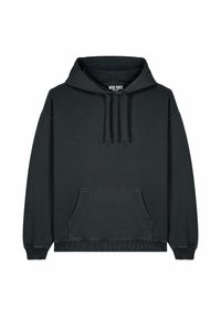 Čierna mikina s kapucňou vyrobená z hebkého materiálu, s predným vreckom, nastaviteľnou kapucňou a pružnými manžetami a lemom. Jednoduchý, minimalistický dizajn.
