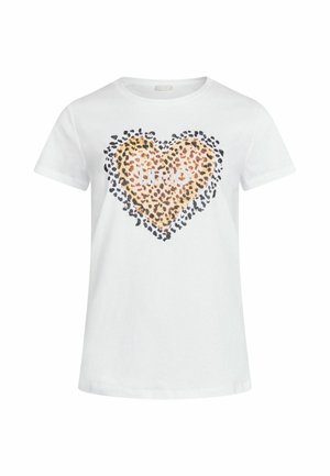 White cotton T-shirt featuring a leopard print heart in shades of brown and black, with the word "HIJO" printed in bold letters inside.