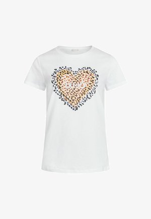 T-shirt bianca in cotone con un cuore a stampa leopardata nei toni del marrone e del nero, con la parola "HIJO" stampata in lettere bold all'interno.