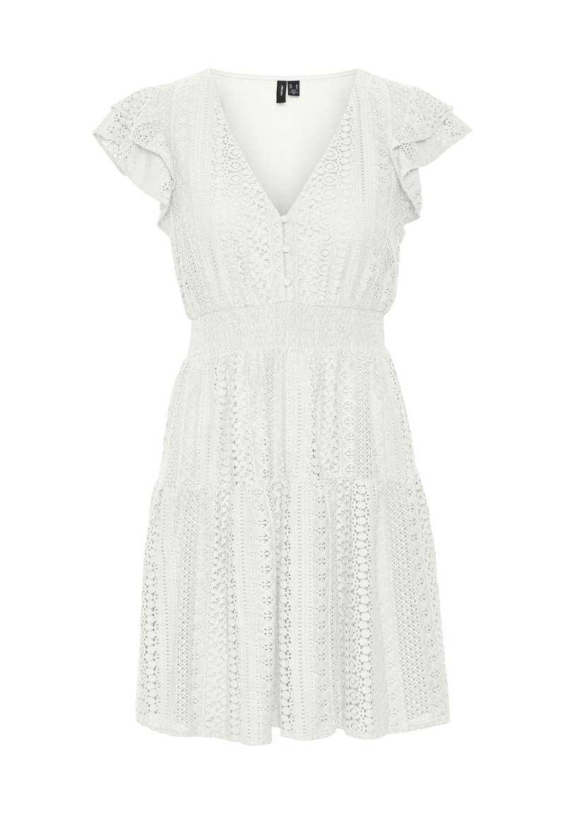 Witte katoenen jurk met een V-hals, korte fladdermouwen, knoopdetails en een gelaagd rokje met textuurpatronen.