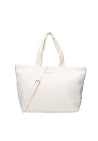 Borsa tote bianca realizzata in materiale sintetico liscio. Presenta manici doppi e una tracolla staccabile con dettagli in metallo dorato.