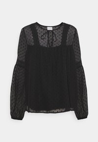 Svart genomskinlig blus med ett strukturerat polka dot-mönster, rund hals, och knyt detaljer, med spetsaccenter och puffärmar.