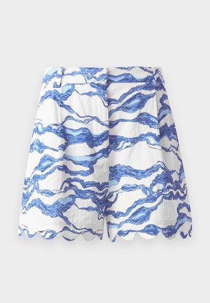 White shorts with blue wave pattern, scalloped hem, lightweight fabric, pleated front, and a relaxed fit. Suitable for casual wear.