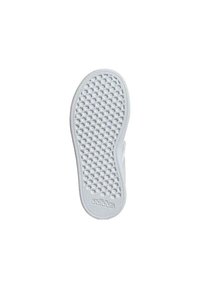 Suola di una sneaker bianca in gomma con un motivo esagonale testurizzato, caratterizzata dal marchio "adidas". Forma curva, progettata per aderenza e comfort.