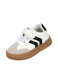 Zapatillas blancas con franjas negras, con cierre de cordones y Velcro, suela de goma, material similar al cuero y acentos en contraste en color marrón claro.