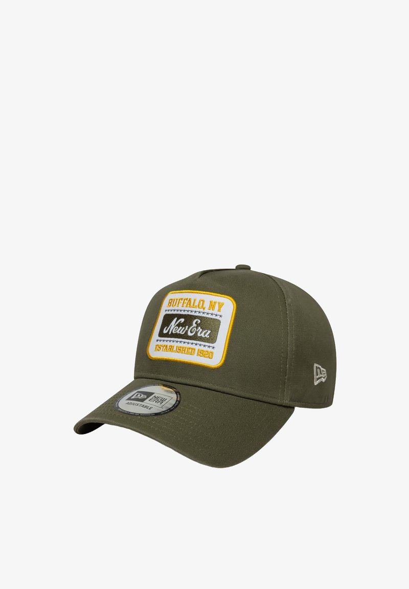 Olive green cap with a structured crown. Features a rectangular white and yellow patch reading "Buffalo, NY" and "New Era." Adjustable closure.