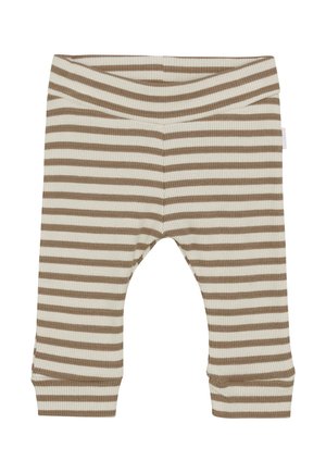 Beige und weiße horizontal gestreifte, gerippte Strickbabyhosen mit umgeschlagenem Bund und Säumen.