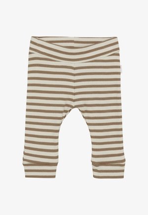 Beige en witte horizontaal gestreepte geribde gebreide babybroek met opgevouwen tailleband en boorden.