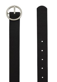 Zwarte lederen riem met een ronde zilveren gesp, een gestructureerd oppervlak en meerdere verstelgaatjes langs de lengte van de band.