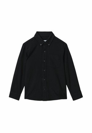 Black long-sleeve shirt with a button-down collar, front pocket, and button closure. Made from a soft, textured fabric.