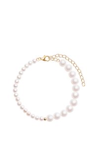 Biały perłowy bransoletka z perłami o różnych rozmiarach, złotym zapięciem i regulowanym łańcuszkiem. Gładka tekstura z błyszczącym wykończeniem.