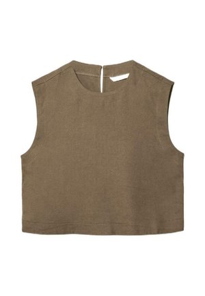 Top corto senza maniche verde oliva con scollo tondo e chiusura con zip sul retro, realizzato in tessuto morbido e texturizzato.