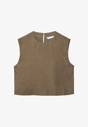 Sleeveless cropped top in olive green with round neckline and back zipper closure, made of soft, textured fabric.