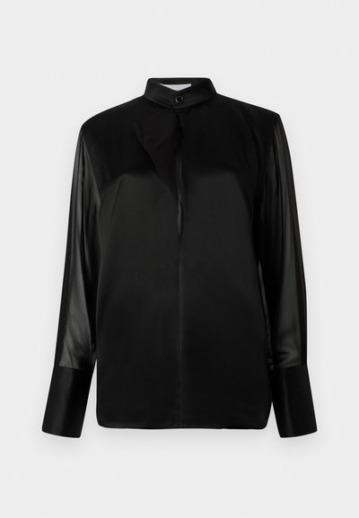 Black blouse with a stand-up collar, long sheer sleeves, bow tie detail at the neck, made of smooth satin fabric, front button closure.