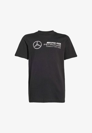 Camiseta de algodón negra de manga corta, con el logo blanco de Mercedes-Benz y el texto "AMG PETRONAS FORMULA ONE TEAM" en el frente.